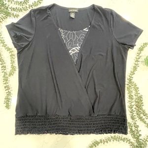 Lane Bryant Patterned Navy, Blue & Wt Short-Sleeve Top w/ Open Front Layer 18/20